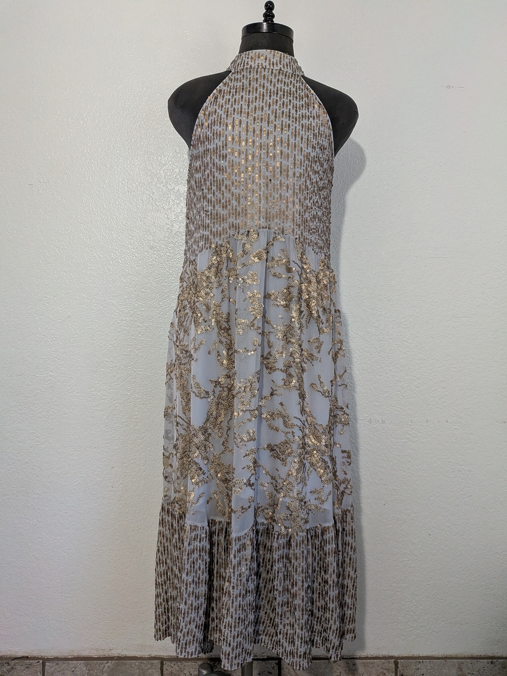 Cupio Light Blue With Gold Sequin High-Neck Halter Maxi Dress Size Small